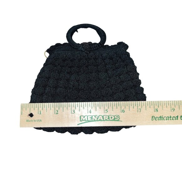 Vintage Black Crocheted Popcorn Stitch Handbag Small Purse Mid Century Used - Picture 10 of 16